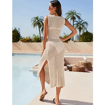 BMJL Womens Swimwear Cover Ups Crochet Hollow Out Long Bathing Suit Coverup Bikini Sleeveless Side Split Beach Dress Apricot