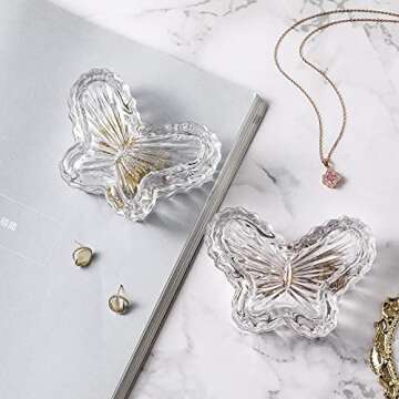EVEREST GLOBAL Glass Butterfly Jewelry Jar with Lid set of 2, Trinket Boxes, Glass Candy Dishes, Gift for Women and Girls