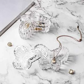 EVEREST GLOBAL Glass Butterfly Jewelry Jar with Lid set of 2, Trinket Boxes, Glass Candy Dishes, Gift for Women and Girls