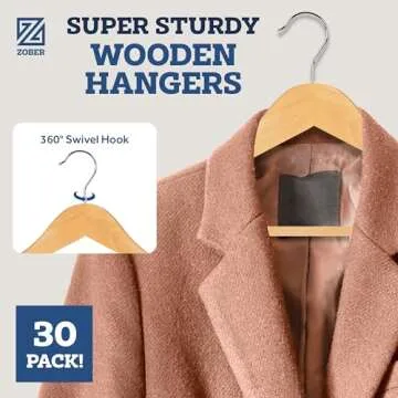 Wooden Hangers - 30 Pack, Heavy Duty, Non Slip Wood Hangers for Coats, Jackets, Suits, & Pants - Clothes Hangers for Closet W/Bar and Notches
