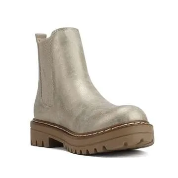 Soda Pilot ~ Women Lug Sole Low Heel Chelsea Fashion Ankle Bootie w/Double Elastic Gore (L-gold Metallic Pu, us_footwear_size_system, adult, women, numeric, medium, numeric_10)