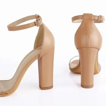 Ankis Nude Black Silver Clear Heels for Women Open Toe Ankle Strap Chunky Heel Pump Sandals Party Wedding Strappy Buckle Sandals Standard Size 4 Inches Tall Thick Heel Design