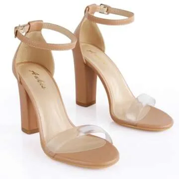 Ankis Nude Black Silver Clear Heels for Women Open Toe Ankle Strap Chunky Heel Pump Sandals Party Wedding Strappy Buckle Sandals Standard Size 4 Inches Tall Thick Heel Design