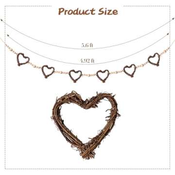 Valentines Garland: 5ft Vintage Rattan Heart Wreath Wood Beads Valentine's Day Garland, Rustic Banne...