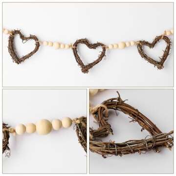 Valentines Garland: 5ft Vintage Rattan Heart Wreath Wood Beads Valentine's Day Garland, Rustic Banner Valentines Decorations Indoor Outdoor for Mantel Fireplace Wall Home Farmhouse Valentine Decor