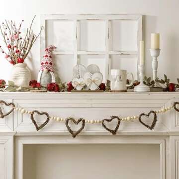 Valentines Garland: 5ft Vintage Rattan Heart Wreath Wood Beads Valentine's Day Garland, Rustic Banner Valentines Decorations Indoor Outdoor for Mantel Fireplace Wall Home Farmhouse Valentine Decor