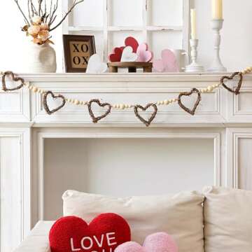 Valentines Garland: 5ft Vintage Rattan Heart Wreath Wood Beads Valentine's Day Garland, Rustic Banner Valentines Decorations Indoor Outdoor for Mantel Fireplace Wall Home Farmhouse Valentine Decor
