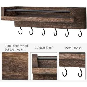Mkono Key Holder for Wall 9.5" x 3.5" x 2.5" Small Rustic Wood Key Rack with 6 Hooks Decorative Display Keys Hanger Organizer for Entryway Living Room Bedroom Bathroom Office Home Decor