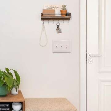 Mkono Key Holder for Wall 9.5" x 3.5" x 2.5" Small Rustic Wood Key Rack with 6 Hooks Decorative Display Keys Hanger Organizer for Entryway Living Room Bedroom Bathroom Office Home Decor
