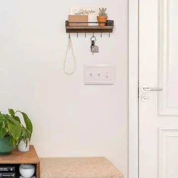 Mkono Key Holder for Wall 9.5" x 3.5" x 2.5" Small Rustic Wood Key Rack with 6 Hooks Decorative Display Keys Hanger Organizer for Entryway Living Room Bedroom Bathroom Office Home Decor