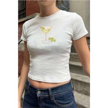 Y2k Graphic Baby Tees for Women Fruit Bow Shirt Crop Top Vintage Aesthetic Teen Girl Clothes 90s Summer Clothing (Cup White Green, XL)