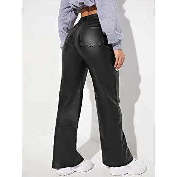 MakeMeChic Women's High Waist Pockets Straight Leg Jeans Leather Look Pants Black S