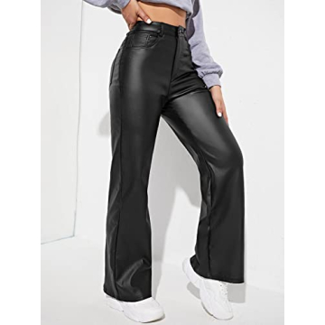 MakeMeChic Women's High Waist Pockets Straight Leg Jeans Leather Look Pants Black S