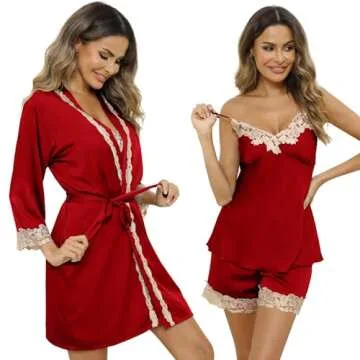 SAPJON Womens Pajama Sets 5PCS Silk Pajamas for women Cute Sleepwear Loungewear Satin Pajamas Sets for Women Soft Wine Red