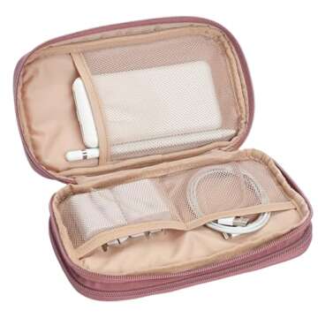 NISHEL Travel Cord Organizer Case, Double Layers Tech Electronic Bag, Essentials for Charger, Cable, Phone, Flash drive, Rose-wood Pink