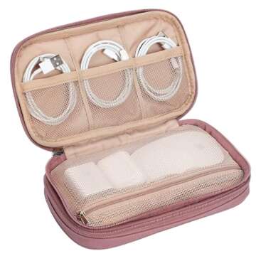 NISHEL Travel Cord Organizer Case, Double Layers Tech Electronic Bag, Essentials for Charger, Cable, Phone, Flash drive, Rose-wood Pink