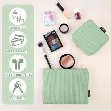 MAGEFY Small Makeup Bag, 2 Pcs Corduroy Makeup Bag for Purse Make Up Organizer Bag Mini Pouch with Slip-in Pockets Aesthetic Preppy Stuff - Green