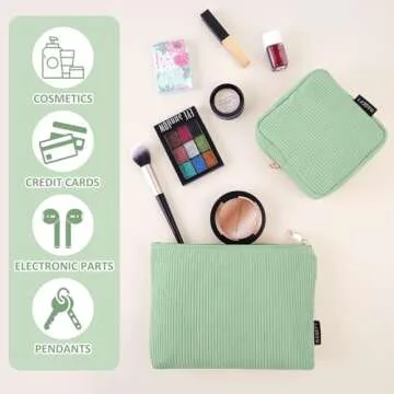 MAGEFY Small Makeup Bag, 2 Pcs Corduroy Makeup Bag for Purse Make Up Organizer Bag Mini Pouch with Slip-in Pockets Aesthetic Preppy Stuff - Green