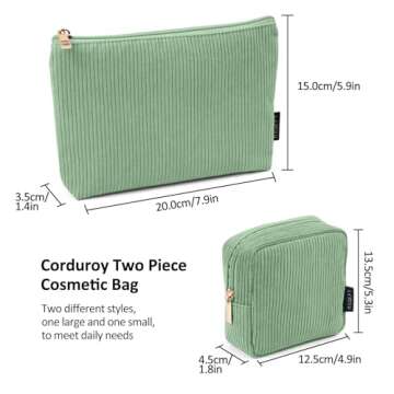 MAGEFY Small Makeup Bag, 2 Pcs Corduroy Makeup Bag for Purse Make Up Organizer Bag Mini Pouch with Slip-in Pockets Aesthetic Preppy Stuff - Green