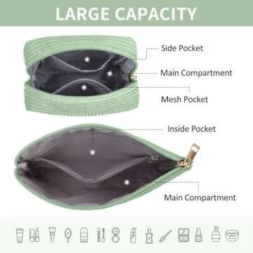 MAGEFY Small Makeup Bag, 2 Pcs Corduroy Makeup Bag for Purse Make Up Organizer Bag Mini Pouch with Slip-in Pockets Aesthetic Preppy Stuff - Green