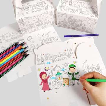 YVAINE 12 Pcs Eid Mubarak Coloring Treat Boxes with Paint Pens for Holiday Fun