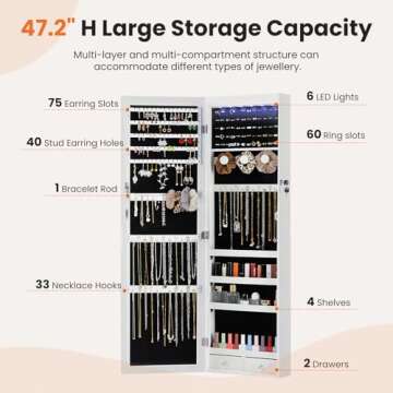 Elevon 47.2" Jewelry Cabinet with Auto LED Lights, White