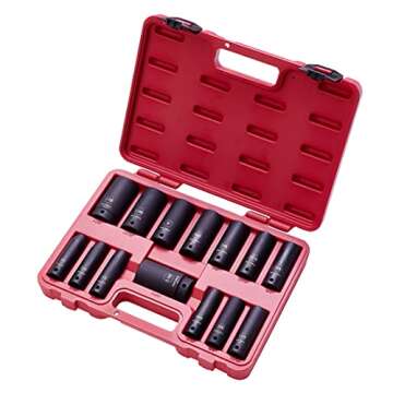14 Piece MECHMAX Impact Socket Set 1/2 Inch Drive Deep SAE Sizes, 3/8-1-1/4 Inch 6 Point Chrome Vanadium Steel Black Phosphate Finish with Tool Box Storage Case