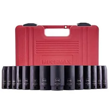 14 Piece MECHMAX Impact Socket Set 1/2 Inch Drive Deep SAE Sizes, 3/8-1-1/4 Inch 6 Point Chrome Vanadium Steel Black Phosphate Finish with Tool Box Storage Case