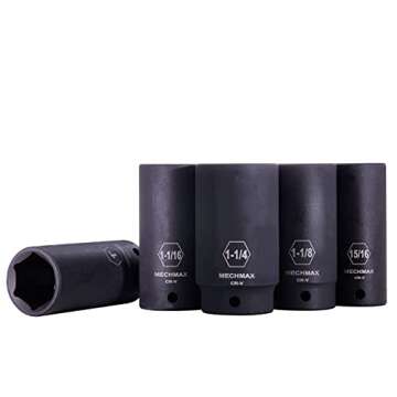 14 Piece MECHMAX Impact Socket Set 1/2 Inch Drive Deep SAE Sizes, 3/8-1-1/4 Inch 6 Point Chrome Vanadium Steel Black Phosphate Finish with Tool Box Storage Case