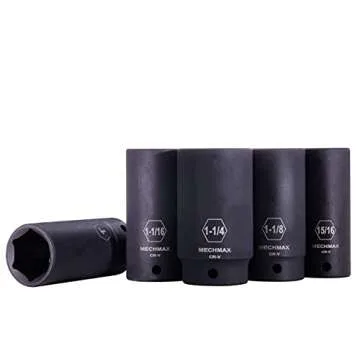 14 Piece MECHMAX Impact Socket Set 1/2 Inch Drive Deep SAE Sizes, 3/8-1-1/4 Inch 6 Point Chrome Vanadium Steel Black Phosphate Finish with Tool Box Storage Case