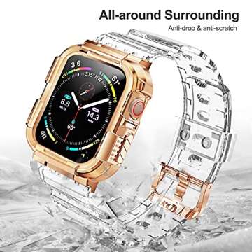 Swhatty Compatible for Apple Watch Band Clear 42mm 44mm 45mm with Case, Sports Protective Cover Bumper Crystal Clear Jelly Strap for iWatch Series 7 6 5 4 3 2 1 SE for Women Cute Girl, Rose Gold