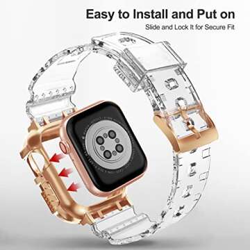 Swhatty Compatible for Apple Watch Band Clear 42mm 44mm 45mm with Case, Sports Protective Cover Bumper Crystal Clear Jelly Strap for iWatch Series 7 6 5 4 3 2 1 SE for Women Cute Girl, Rose Gold