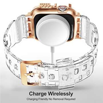 Swhatty Compatible for Apple Watch Band Clear 42mm 44mm 45mm with Case, Sports Protective Cover Bumper Crystal Clear Jelly Strap for iWatch Series 7 6 5 4 3 2 1 SE for Women Cute Girl, Rose Gold