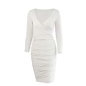 Antopmen Women Sexy Deep V Neck Long Sleeve Dress