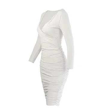 Antopmen Women Sexy Deep V Neck Long Sleeve Dress