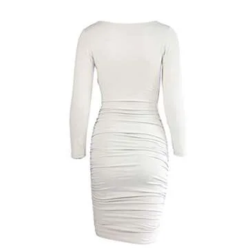 Antopmen Women Sexy Deep V Neck Long Sleeve Dress