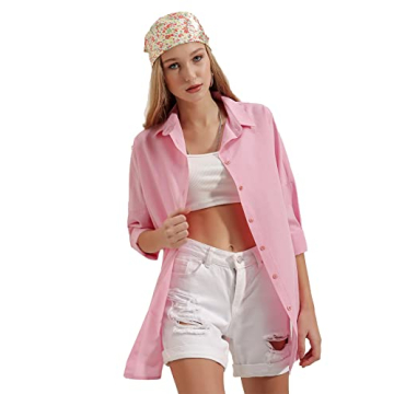 BIG DART Oversized Button Down Shirts for Women, Dressy Casual Long Sleeve Blouses Summer Tops Tunics (US, Alpha, Medium, Regular, Regular, Pink)