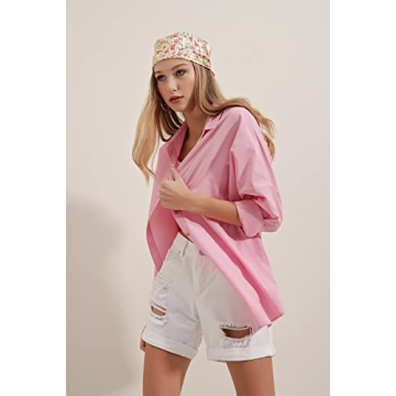 BIG DART Oversized Button Down Shirts for Women, Dressy Casual Long Sleeve Blouses Summer Tops Tunics (US, Alpha, Medium, Regular, Regular, Pink)