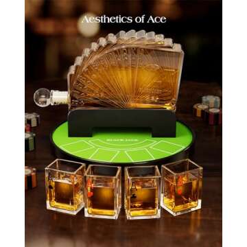 Kollea Blackjack Whiskey Decanter Set, 37.2 Oz Whiskey Decanter with 4 Glasses, Casino Style Decanter for Liquor, Funny Christmas Birthday Gifts for Men Dad, Him, Poker Blackjack Game Night Essentials