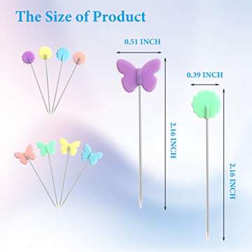 200pcs Sewing Pins Flat Head Straight Pins with Butterfly and Flower Colored Heads, Long 2.16inch Qu...