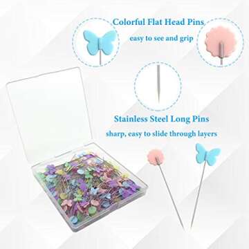200pcs Sewing Pins Flat Head Straight Pins with Butterfly and Flower Colored Heads, Long 2.16inch Quilting Pins for Dressmaker, Craft, Sewing Project and DIY Decoration (Butterfly and Flower)