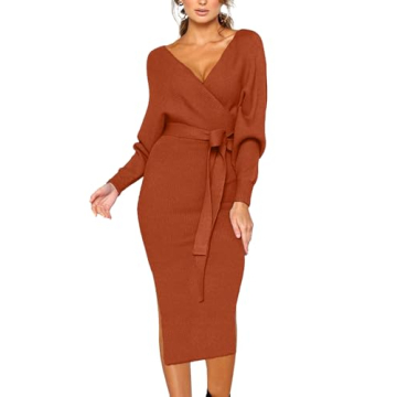 Elegant CHERFLY Women's V Neck Sweater Dress with Belt