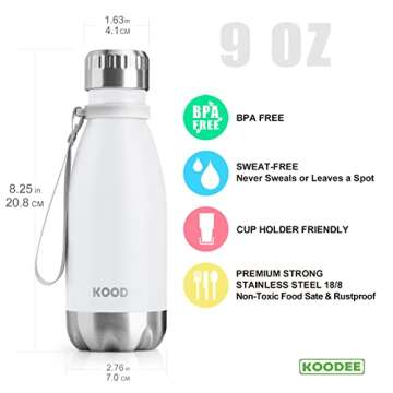 koodee Water Bottle-9 oz Stainless Steel Double Wall Vacuum Insulated Water Bottle, Cola Shape Leak Proof Sports Bottle for School (White)
