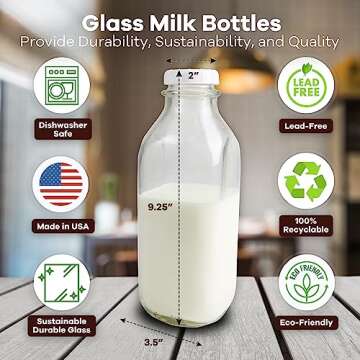 The Dairy Shoppe Heavy Glass Milk Bottles - Jugs with Lids and Silicone Pour Spouts - Clear Milk Con...