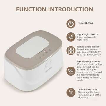 Baby Wipe Warmer, Innovative Spring & Child Lock Design, Large Capacity Wipes Dispenser, Fast Heating, 3 Modes of Temperature Heating Control, Diaper Wipe Warmer with Night Light (Grey)