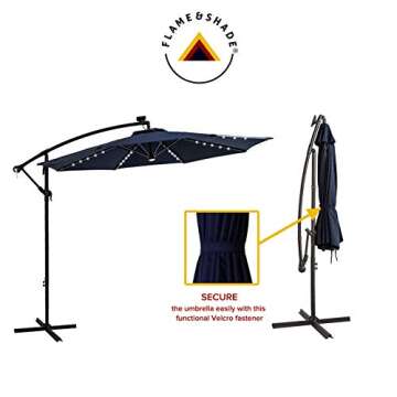 FLAME&SHADE 10 ft Cantilever Offset Solar Powered Outdoor Patio Umbrella with LED Lights and Cross Base Stand, Navy Blue