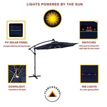 FLAME&SHADE 10 ft Cantilever Offset Solar Powered Outdoor Patio Umbrella with LED Lights and Cross Base Stand, Navy Blue