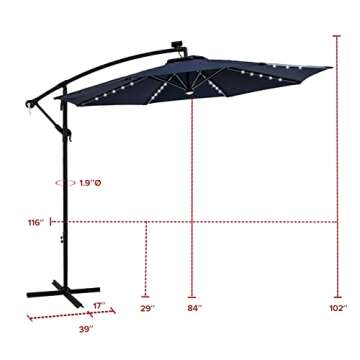 FLAME&SHADE 10 ft Cantilever Offset Solar Powered Outdoor Patio Umbrella with LED Lights and Cross Base Stand, Navy Blue