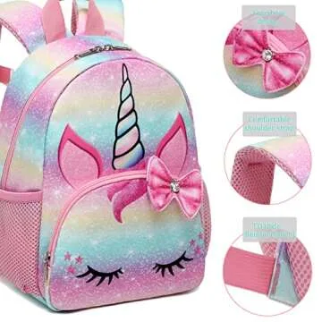 Octsky Unicorn Toddler Backpack Girls Mini Backpack for Kids, Lightweight Preschool Backpack for Kindergarten Little Girls Bookbag With Chest Strap
