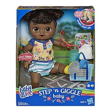 Baby Alive Step ‘N Giggle Baby Black Hair Doll with Light-Up Shoes, Responds with 25+ Sounds & Phrases, Drinks & Wets, Toy for Kids Ages 3 Years Old & Up